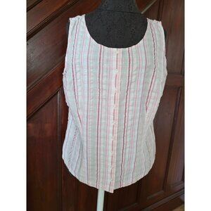 Eddie Bauer Womens Sleeveless Button-Down Top L Pink Striped Cotton & Polyester